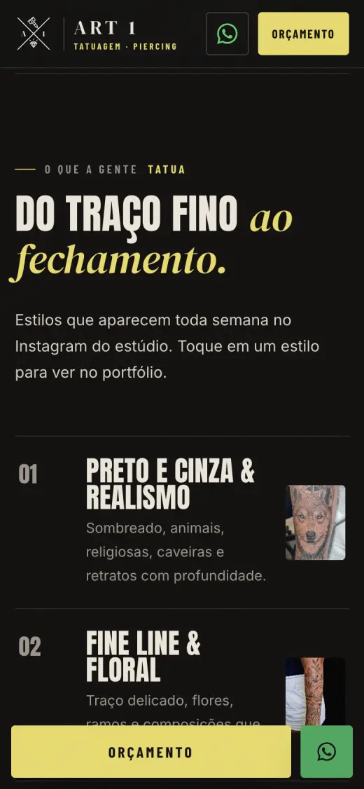 Print do site de Art 1 Tattoo no celular, mais abaixo na página