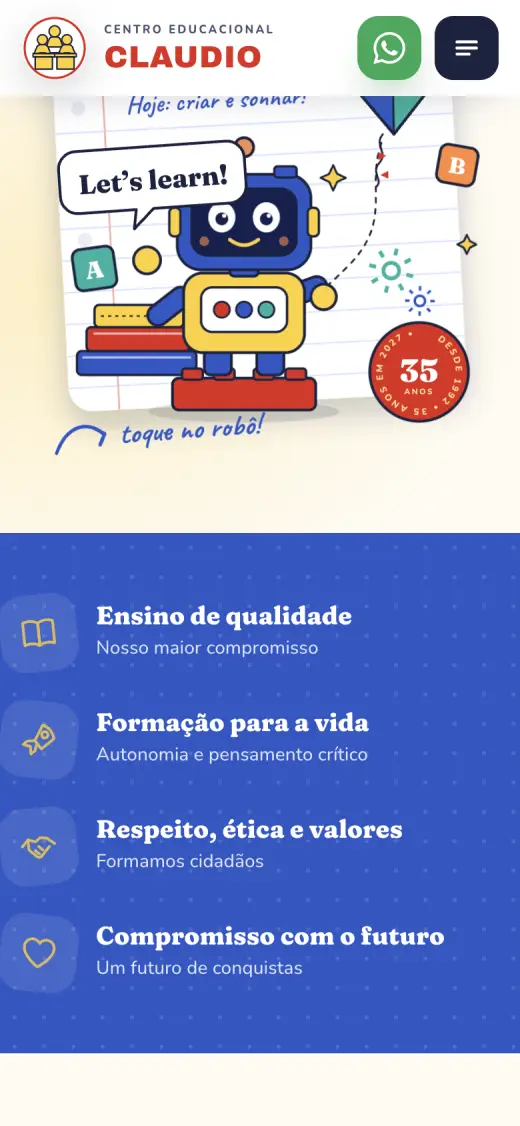 Print do site de Centro Educacional Claudio no celular, mais abaixo na página
