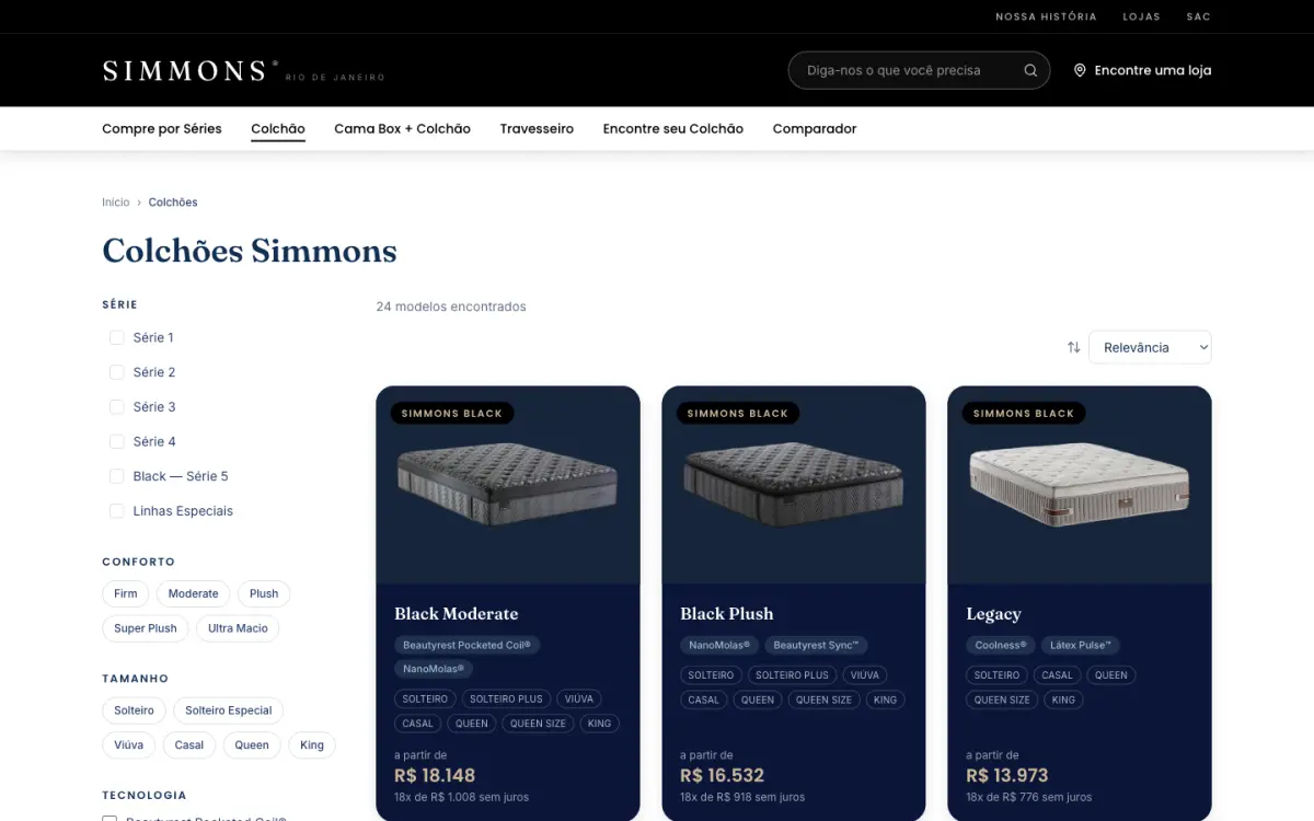 Print da página Catálogo do site da Simmons Rio de Janeiro