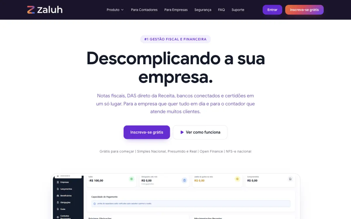 Print da seção Início do site da Zaluh