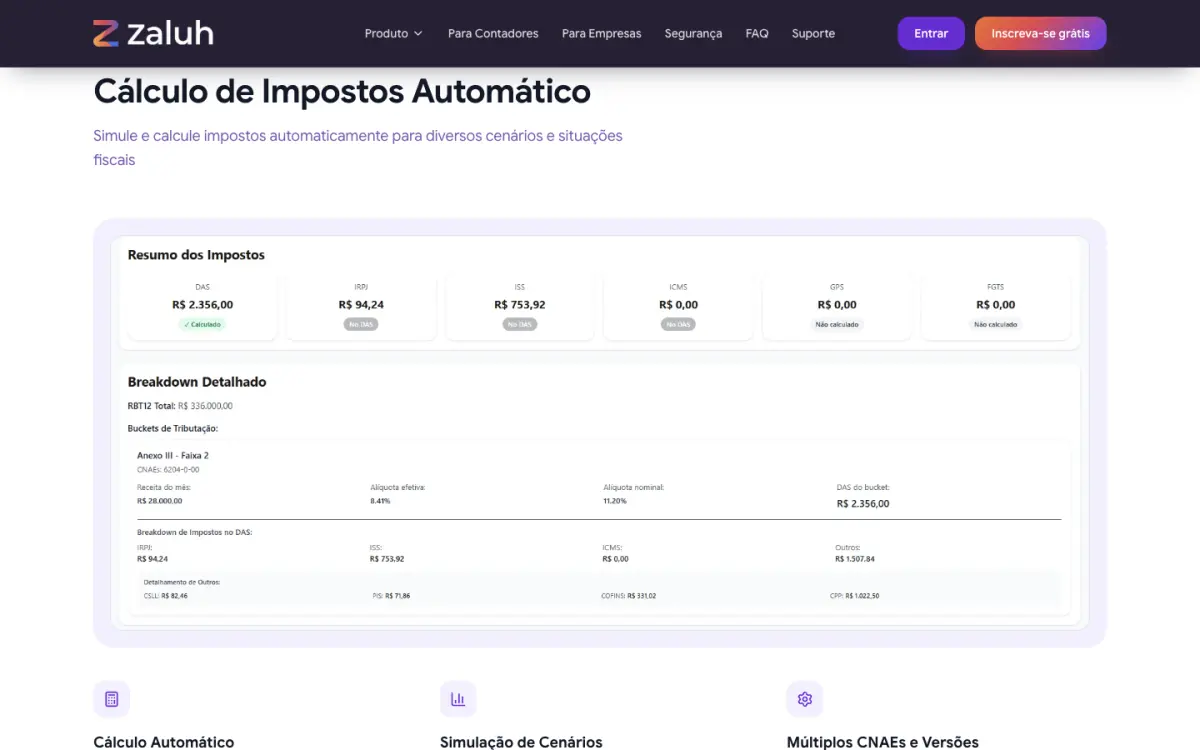Print da seção Impostos do site da Zaluh