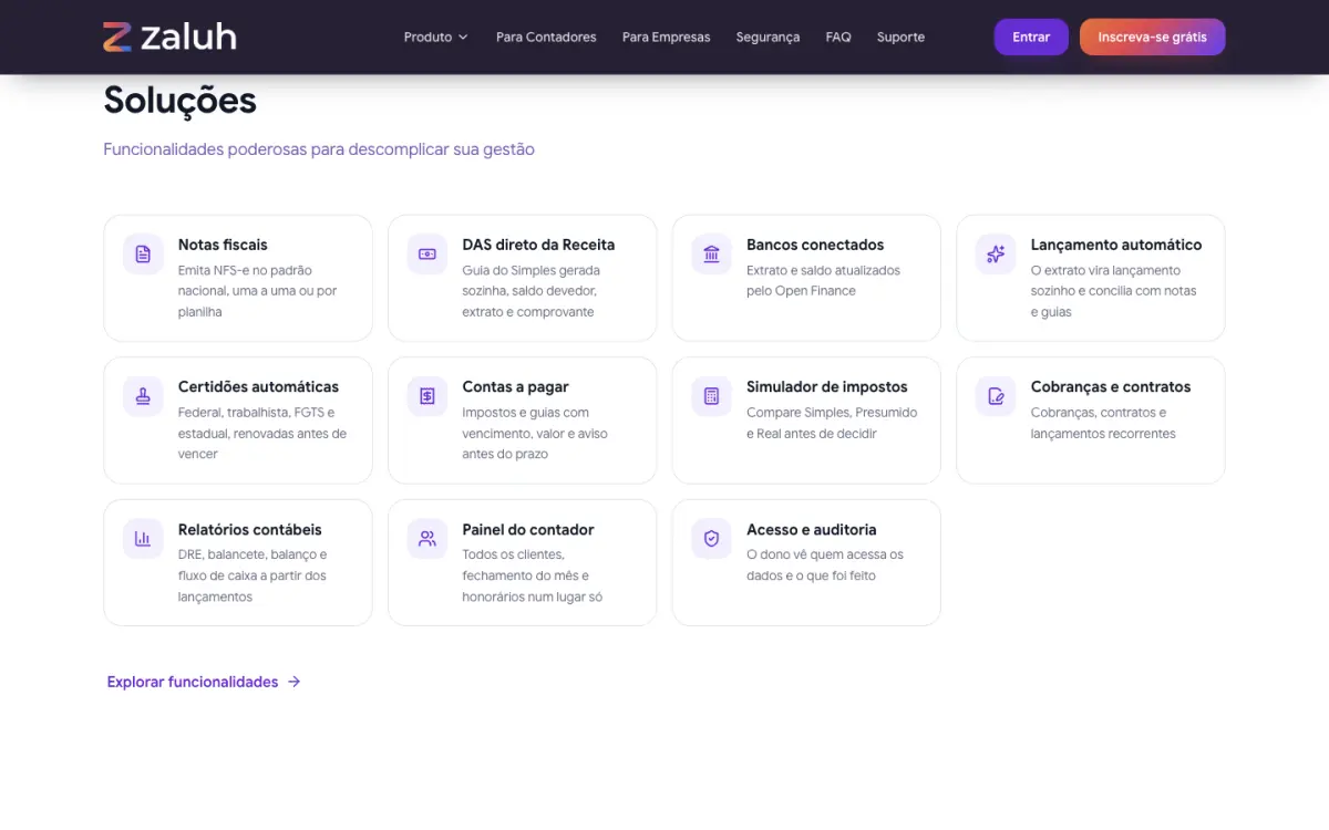 Print da seção Soluções do site da Zaluh
